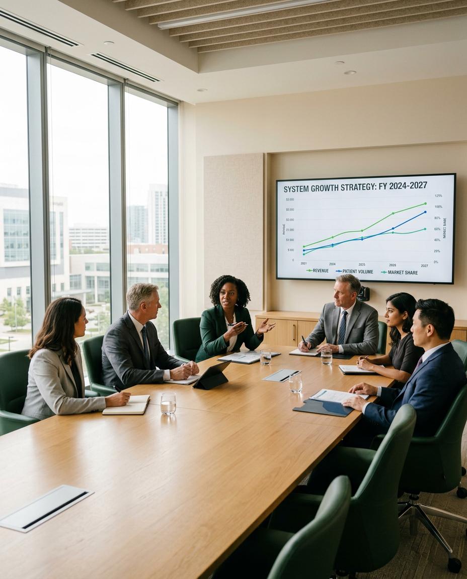 Executive strategy session reviewing healthcare growth plans