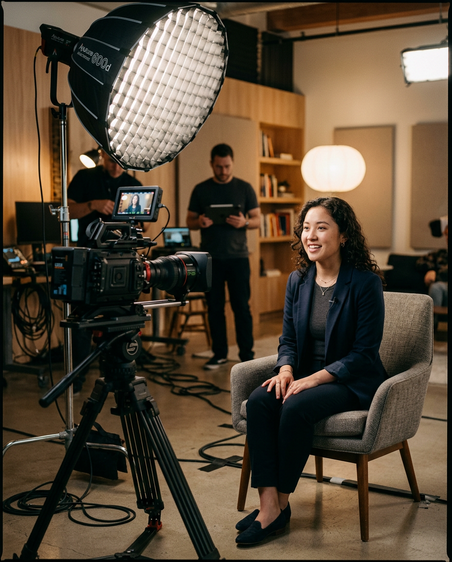 Studio interview set with two people in conversation