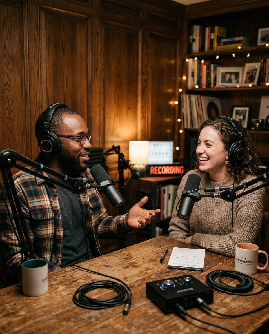 Podcast recording session with microphones